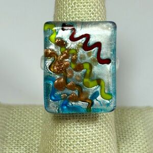 Art Glass Rectangular Ring Silver Blue Copper Murano Design Handcrafted VTG